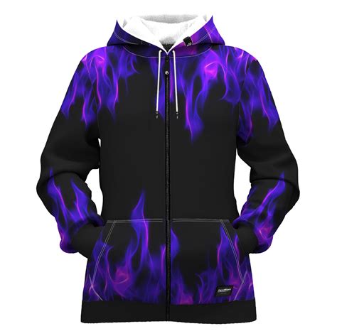 black hoodie with purple design.